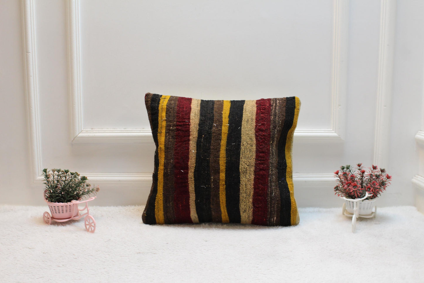 Vintage Turkish Kilim Pillow Cover: Rainbow Wool, Upcycled Rug (16x16 in)