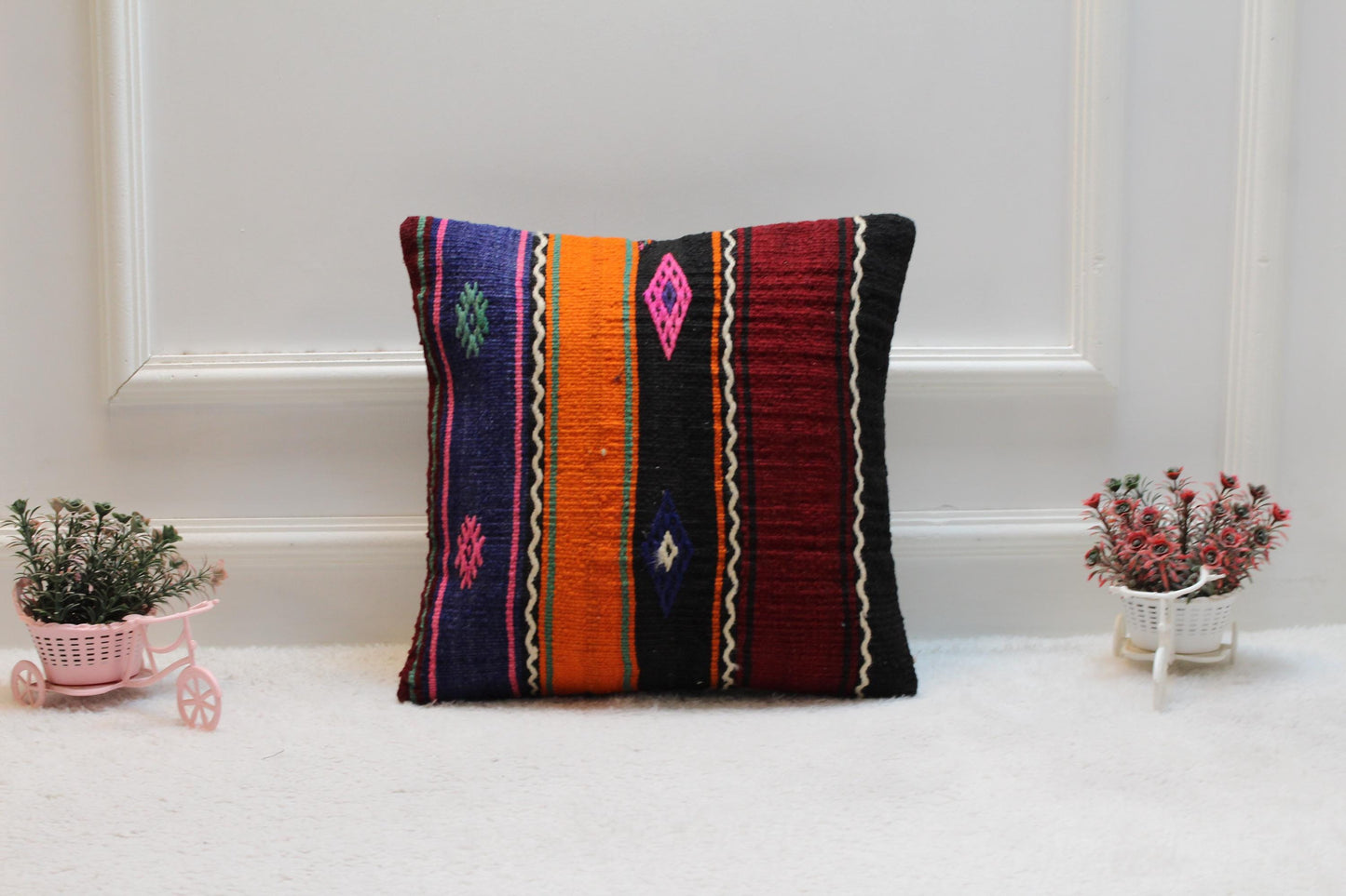 Handmade Kilim Pillow Cover: Upcycled Woven Rug, Rainbow (16x16 in)
