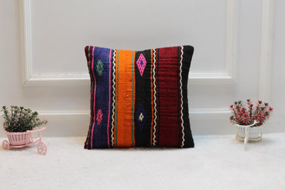 Handmade Kilim Pillow Cover: Upcycled Woven Rug, Rainbow (16x16 in)