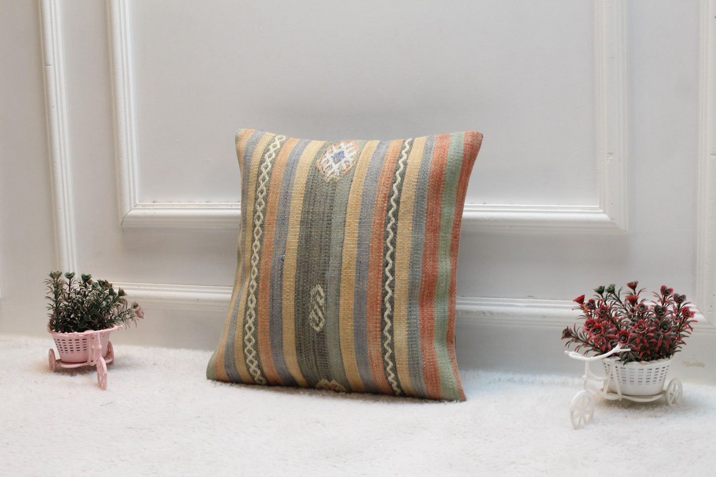 Striped Kilim Pillow Cover: 16x16 Vintage Turkish Woven Wool