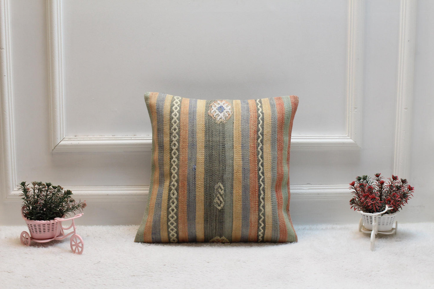 Striped Kilim Pillow Cover: 16x16 Vintage Turkish Woven Wool