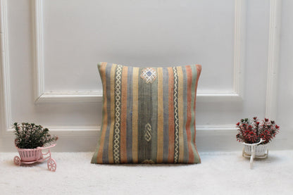 Striped Kilim Pillow Cover: 16x16 Vintage Turkish Woven Wool