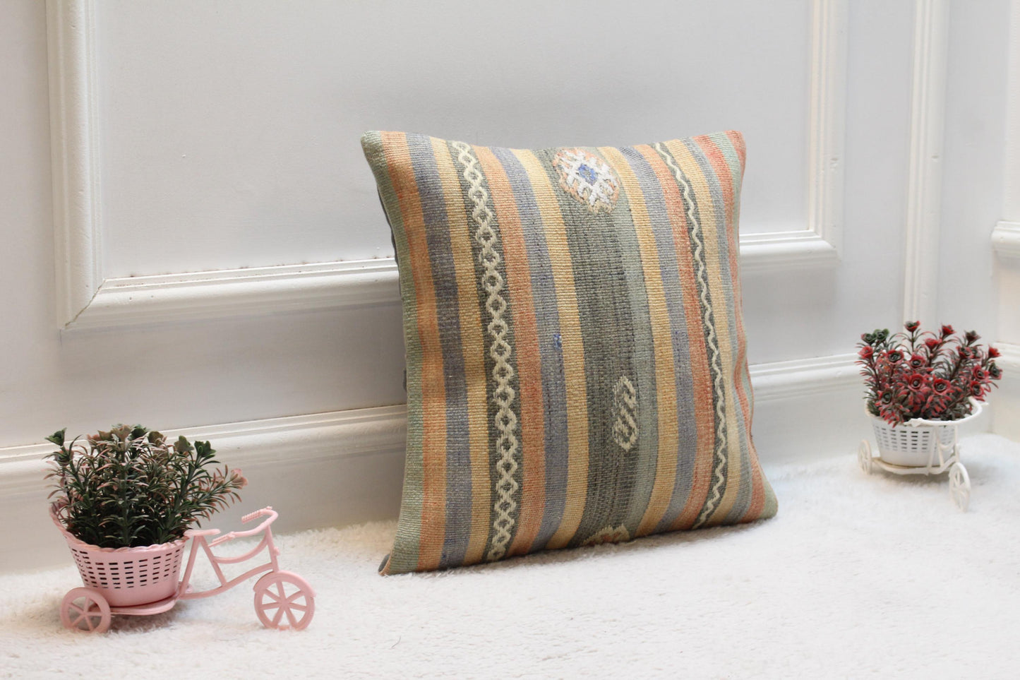 Striped Kilim Pillow Cover: 16x16 Vintage Turkish Woven Wool
