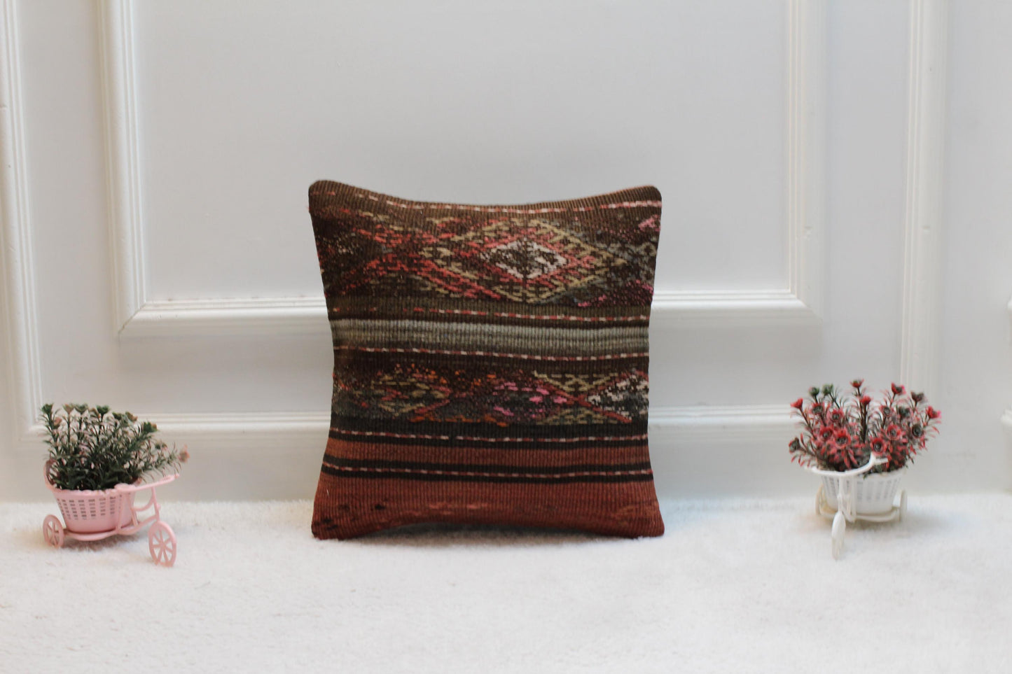 Vintage Kilim Pillow Cover: 16x16 Square, Organic Wool Throw Pillow