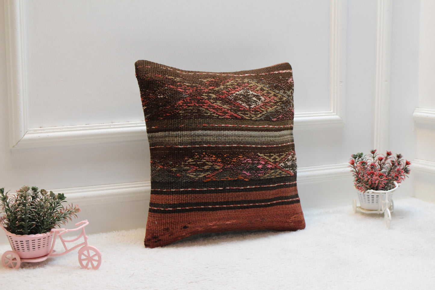 Vintage Kilim Pillow Cover: 16x16 Square, Organic Wool Throw Pillow