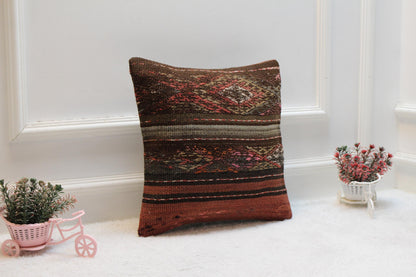 Vintage Kilim Pillow Cover: 16x16 Square, Organic Wool Throw Pillow