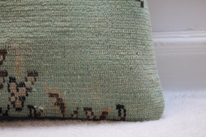 Handmade Green Turkish Pillow Cover: Vintage Kilim Rug, 16x16 inc