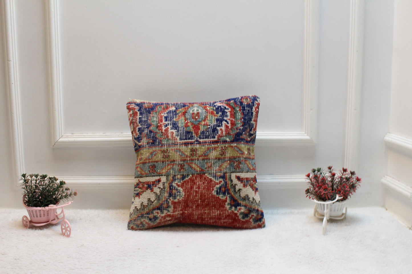 Vintage Turkish Kilim Pillow Cover: Red & Blue Organic Wool, 16x16 inch
