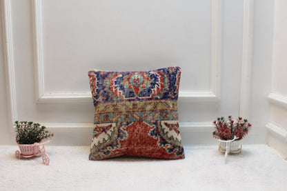 Vintage Turkish Kilim Pillow Cover: Red & Blue Organic Wool, 16x16 inch