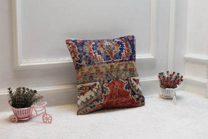 Vintage Turkish Kilim Pillow Cover: Red & Blue Organic Wool, 16x16 inch
