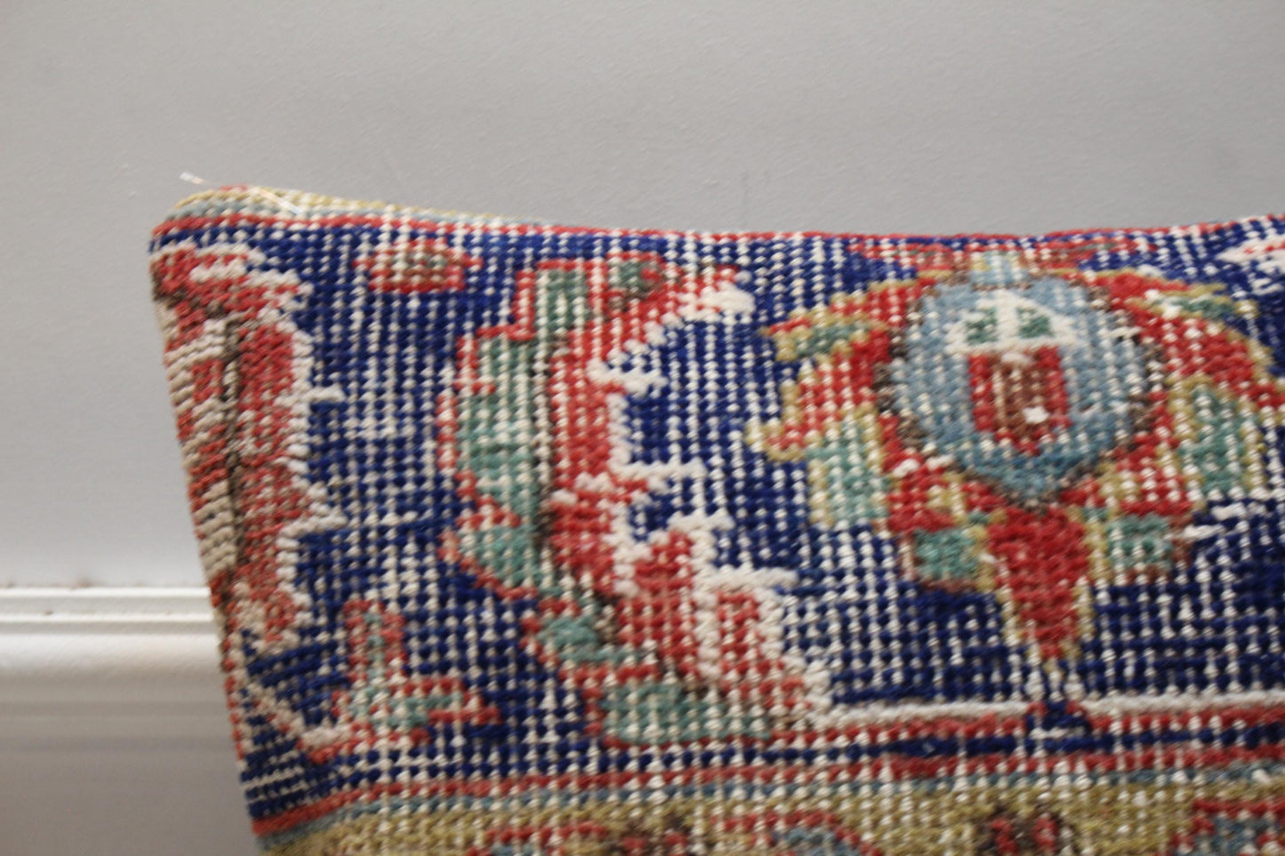 Vintage Turkish Kilim Pillow Cover: Red & Blue Organic Wool, 16x16 inch