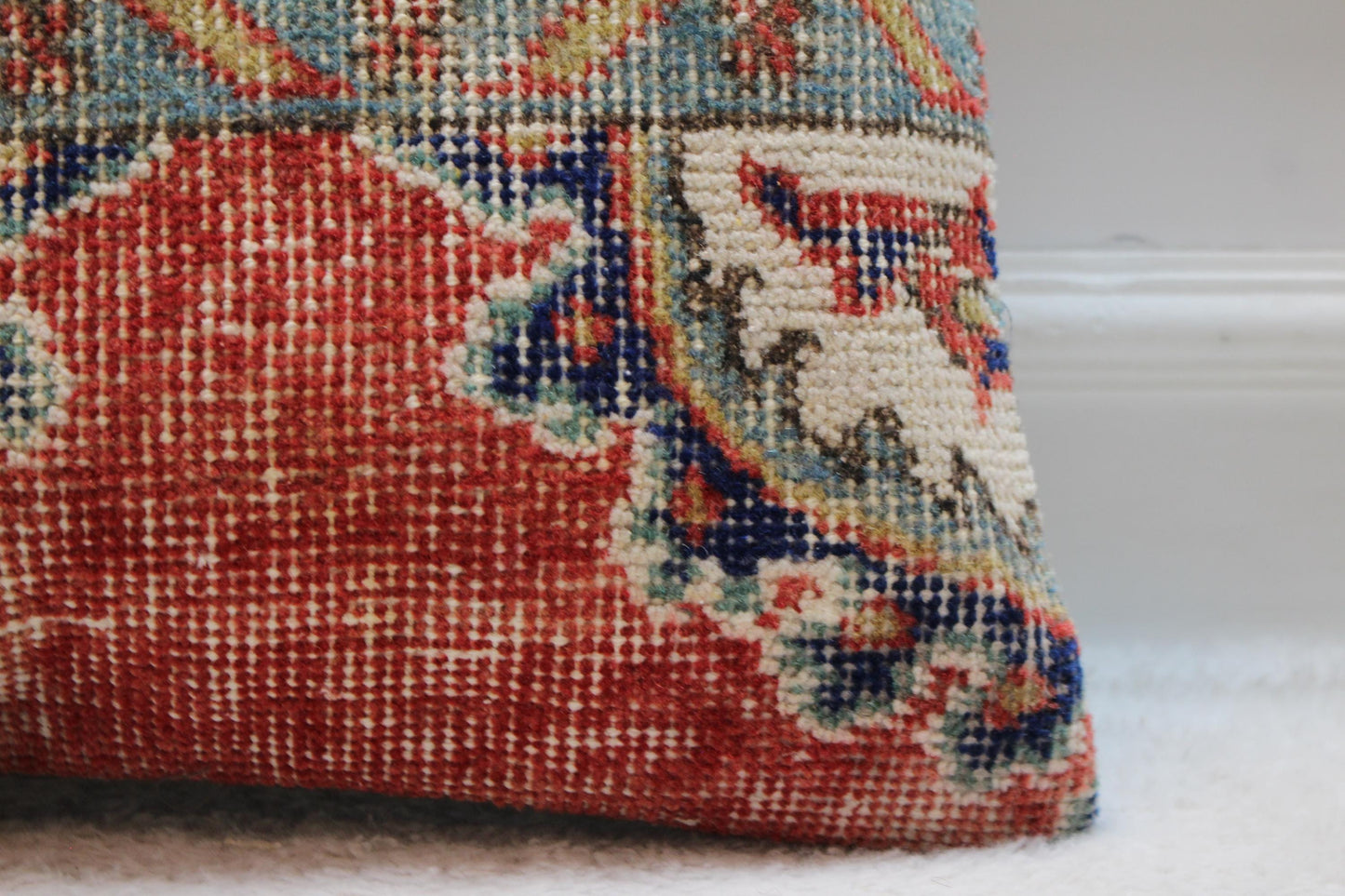 Vintage Turkish Kilim Pillow Cover: Red & Blue Organic Wool, 16x16 inch