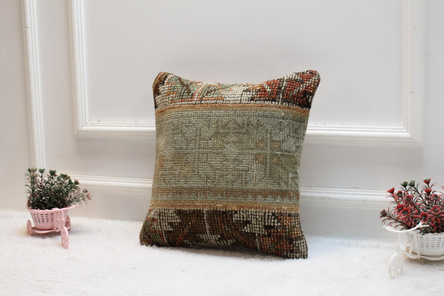 Handmade Turkish Kilim Pillow Cover: Upcycled Woven Rug, 16x16 Rainbow