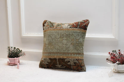 Handmade Turkish Kilim Pillow Cover: Upcycled Woven Rug, 16x16 Rainbow
