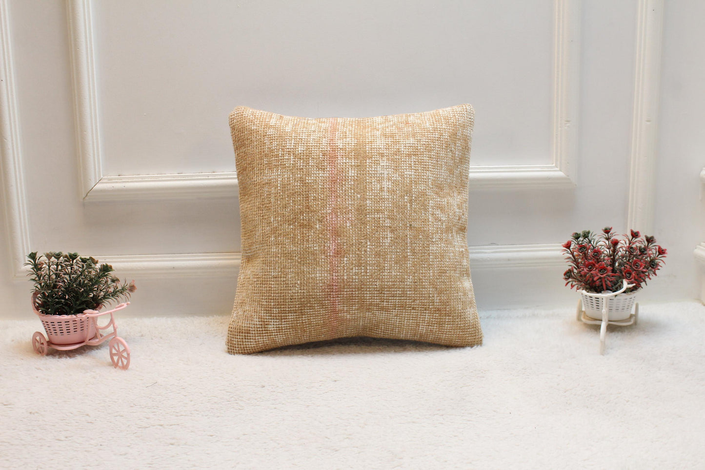 Beige Vintage Turkish Rug Pillow Cover: Handwoven Wool, 16x16 inc