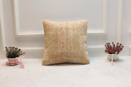 Beige Vintage Turkish Rug Pillow Cover: Handwoven Wool, 16x16 inc