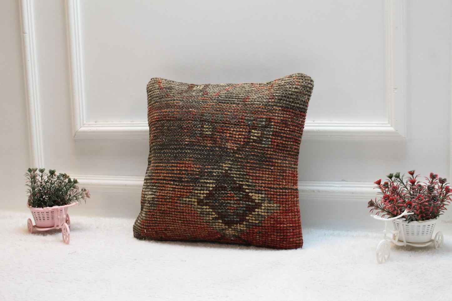 Handmade Geometric Turkish Rug Pillow Cover: Vintage Wool, 16x16 inch