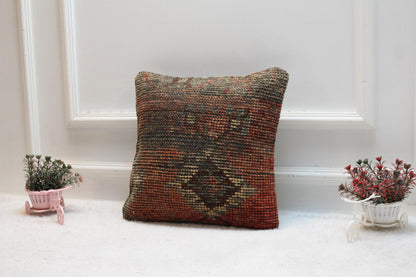 Handmade Geometric Turkish Rug Pillow Cover: Vintage Wool, 16x16 inch