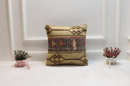 Handmade Beige Turkish Rug Pillow Cover: Vintage Wool Cushion, 16x16 inch