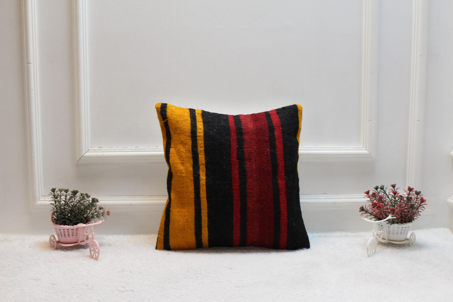 Handmade Striped Kilim Pillow Cover: Upcycled Woven Rug, 16x16 inch