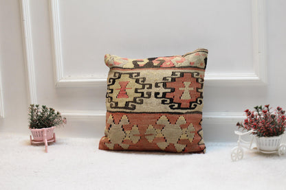 Vintage Kilim Pillow Cover: 16x16 Inch Handmade Wool Throw Cushion