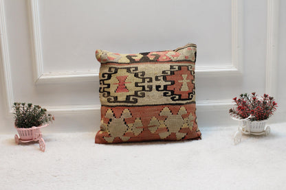 Vintage Kilim Pillow Cover: 16x16 Inch Handmade Wool Throw Cushion
