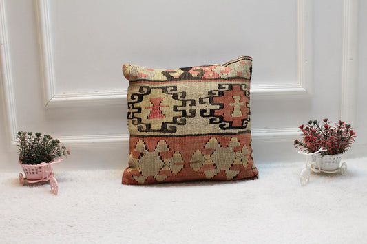 Vintage Kilim Pillow Cover: 16x16 Inch Handmade Wool Throw Cushion