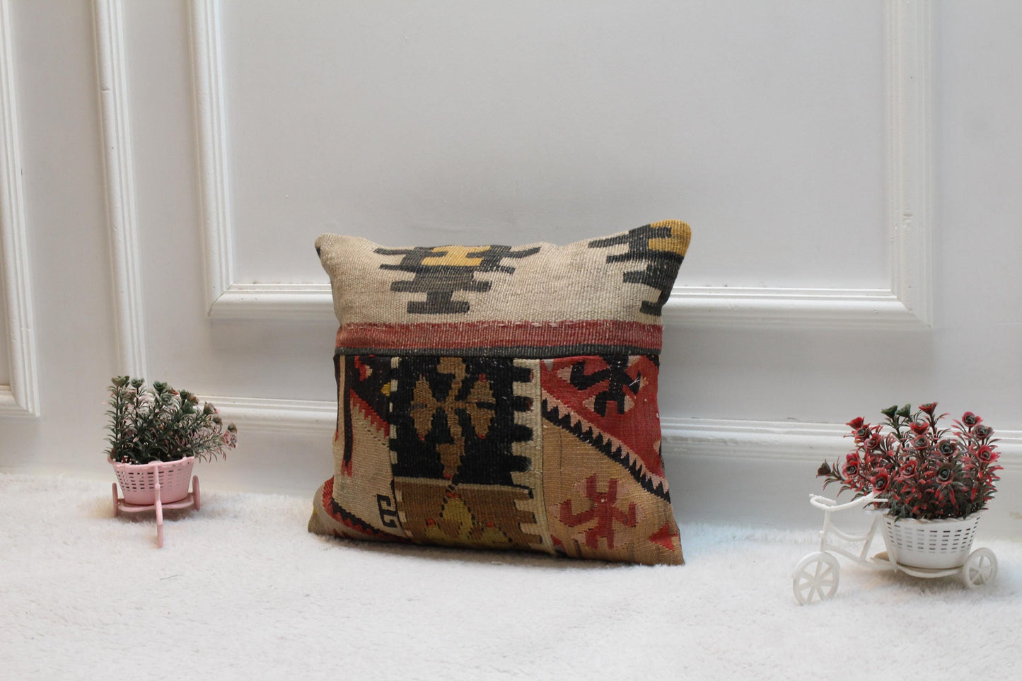 Handmade Kilim Pillow Cover: Upcycled Woven Rug, 16x16 Rainbow Cushion