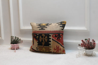 Handmade Kilim Pillow Cover: Upcycled Woven Rug, 16x16 Rainbow Cushion