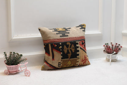 Handmade Kilim Pillow Cover: Upcycled Woven Rug, 16x16 Rainbow Cushion