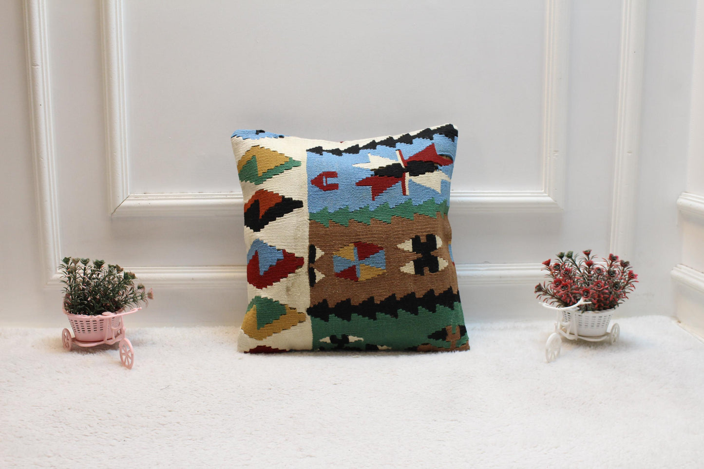 Handmade Kilim Pillow Cover: Upcycled Woven Rug, 16x16 Bohemian Decor
