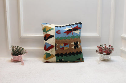 Handmade Kilim Pillow Cover: Upcycled Woven Rug, 16x16 Bohemian Decor