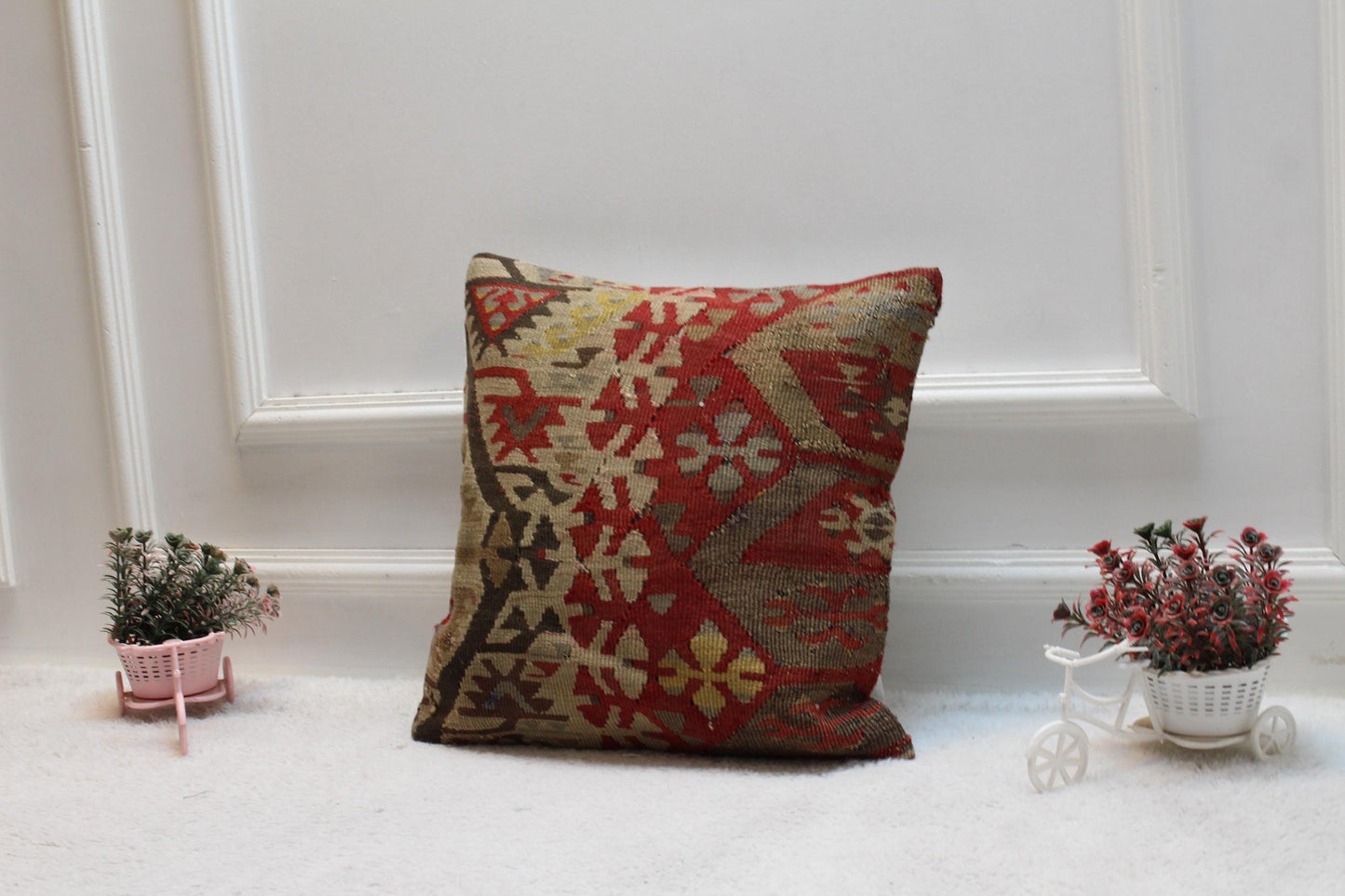 Red Kilim Pillow Cover: Handmade Organic Wool Throw Pillow (16x16 in)