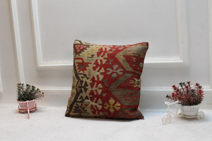 Red Kilim Pillow Cover: Handmade Organic Wool Throw Pillow (16x16 in)