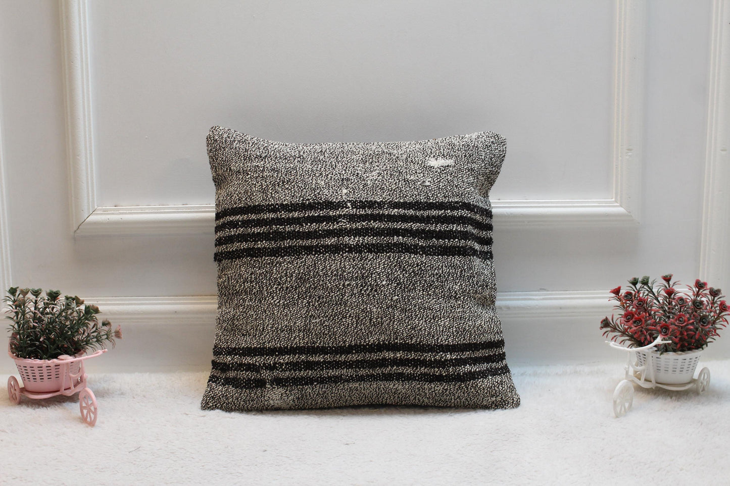Striped Kilim Pillow Cover: Vintage Organic Wool Throw Pillow (16x16 in)