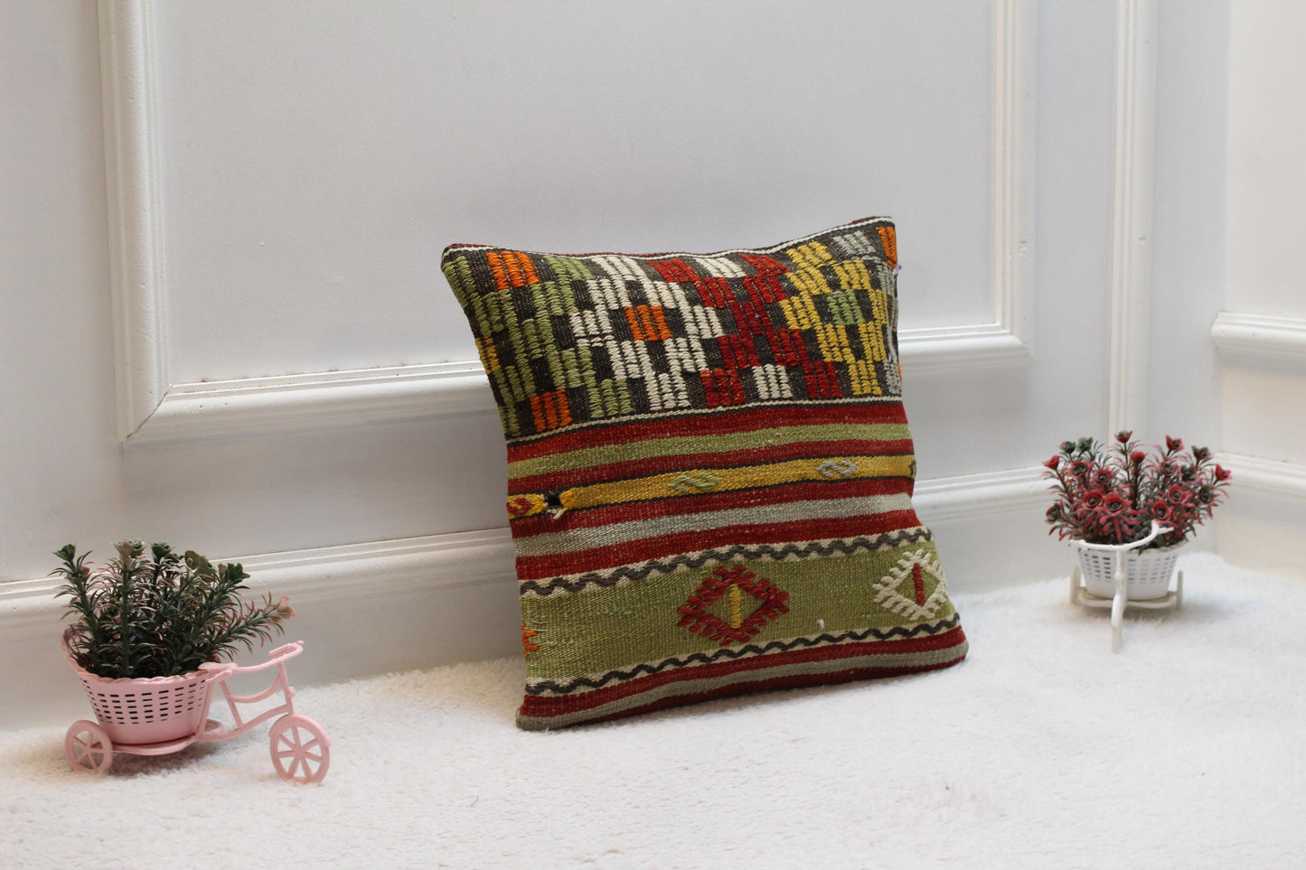 Handmade Kilim Pillow Cover: Upcycled Woven Rug, Rainbow Striped Design (16x16 inch)