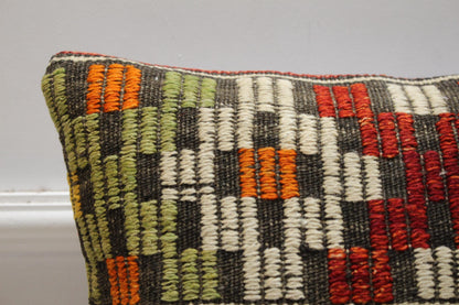 Handmade Kilim Pillow Cover: Upcycled Woven Rug, Rainbow Striped Design (16x16 inch)