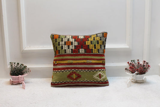 Handmade Kilim Pillow Cover: Upcycled Woven Rug, Rainbow Striped Design (16x16 inch)