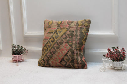 Handmade Kilim Pillow Cover: Vintage Anatolian Throw Pillow (16x16 in)