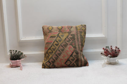 Handmade Kilim Pillow Cover: Vintage Anatolian Throw Pillow (16x16 in)