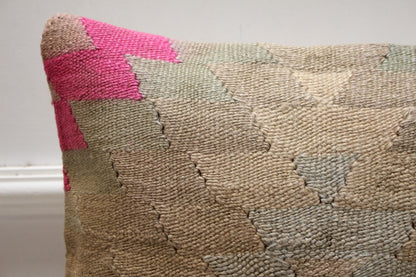 Handmade Turkish Rug Pillow Cover: Beige & Pink Kilim, 16x16 Square