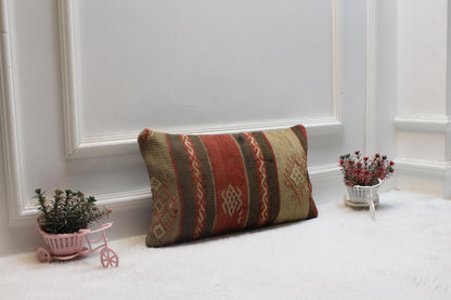 Handmade Kilim Pillow Cover: Upcycled Woven Rug, Rainbow Accent (12x20 inc)