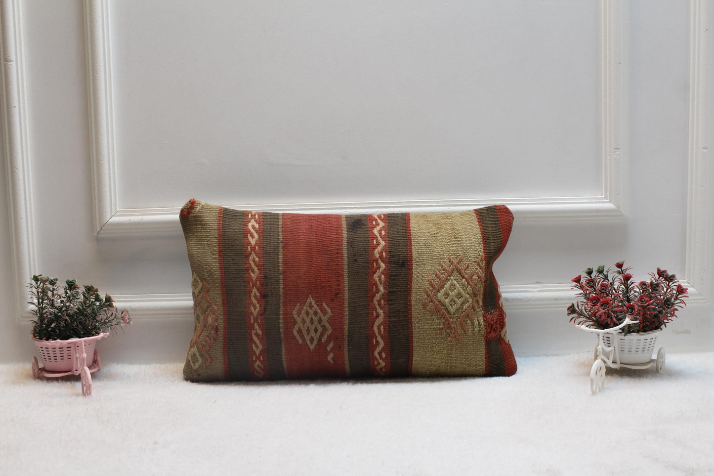 Handmade Kilim Pillow Cover: Upcycled Woven Rug, Rainbow Accent (12x20 inc)