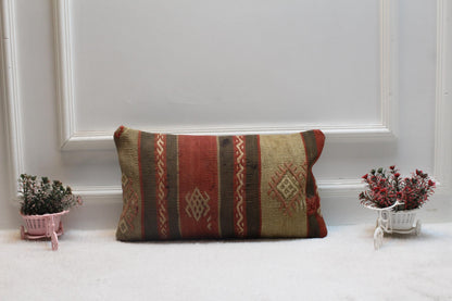 Handmade Kilim Pillow Cover: Upcycled Woven Rug, Rainbow Accent (12x20 inc)