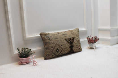 Handmade Lumbar Kilim Pillow Cover: Organic Wool Throw Pillow (12x20 inc)