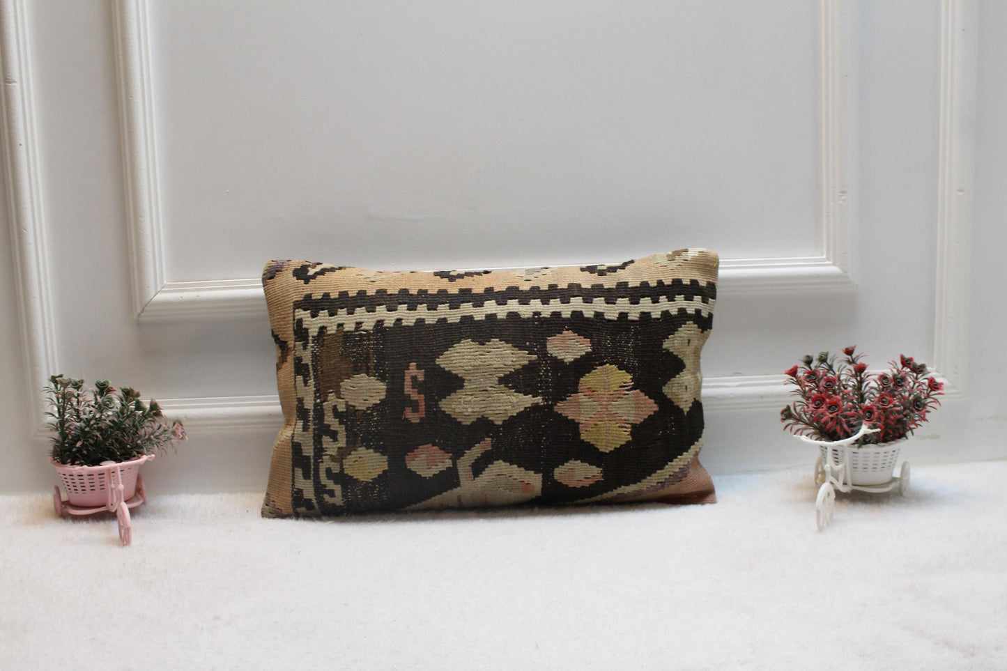 Handmade Kilim Pillow Cover: Upcycled Woven Rug, Rainbow (12x20 in)