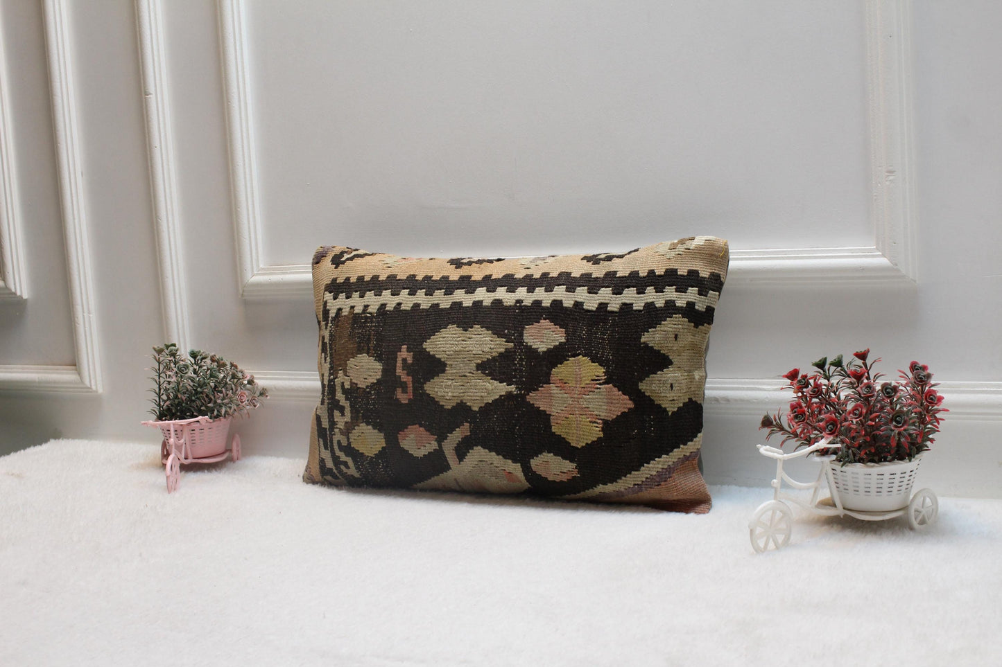 Handmade Kilim Pillow Cover: Upcycled Woven Rug, Rainbow (12x20 in)