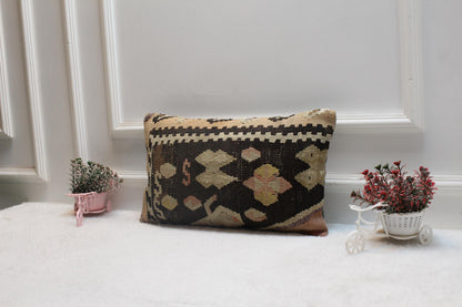 Handmade Kilim Pillow Cover: Upcycled Woven Rug, Rainbow (12x20 in)