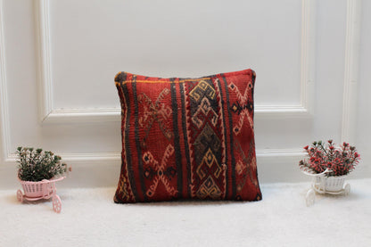 Handmade Kilim Pillow Cover: Upcycled Turkish Rug, Bohemian Home Decor (16x16 inch)