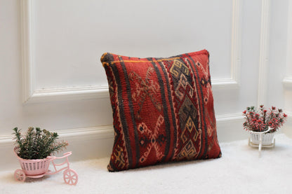 Handmade Kilim Pillow Cover: Upcycled Turkish Rug, Bohemian Home Decor (16x16 inch)